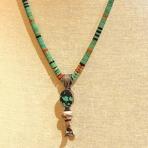 Navajo Tia Long Sterling Silver Green Turquoise Squash Blossom Pendant Necklace